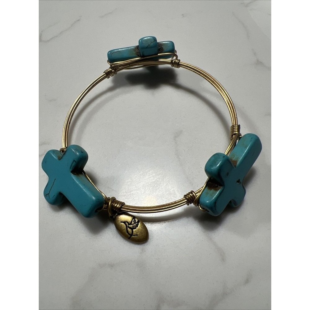 Amanda Blu Bracelet Faux Turquoise Crosses GoldTone Wire Wrapped Bracelet